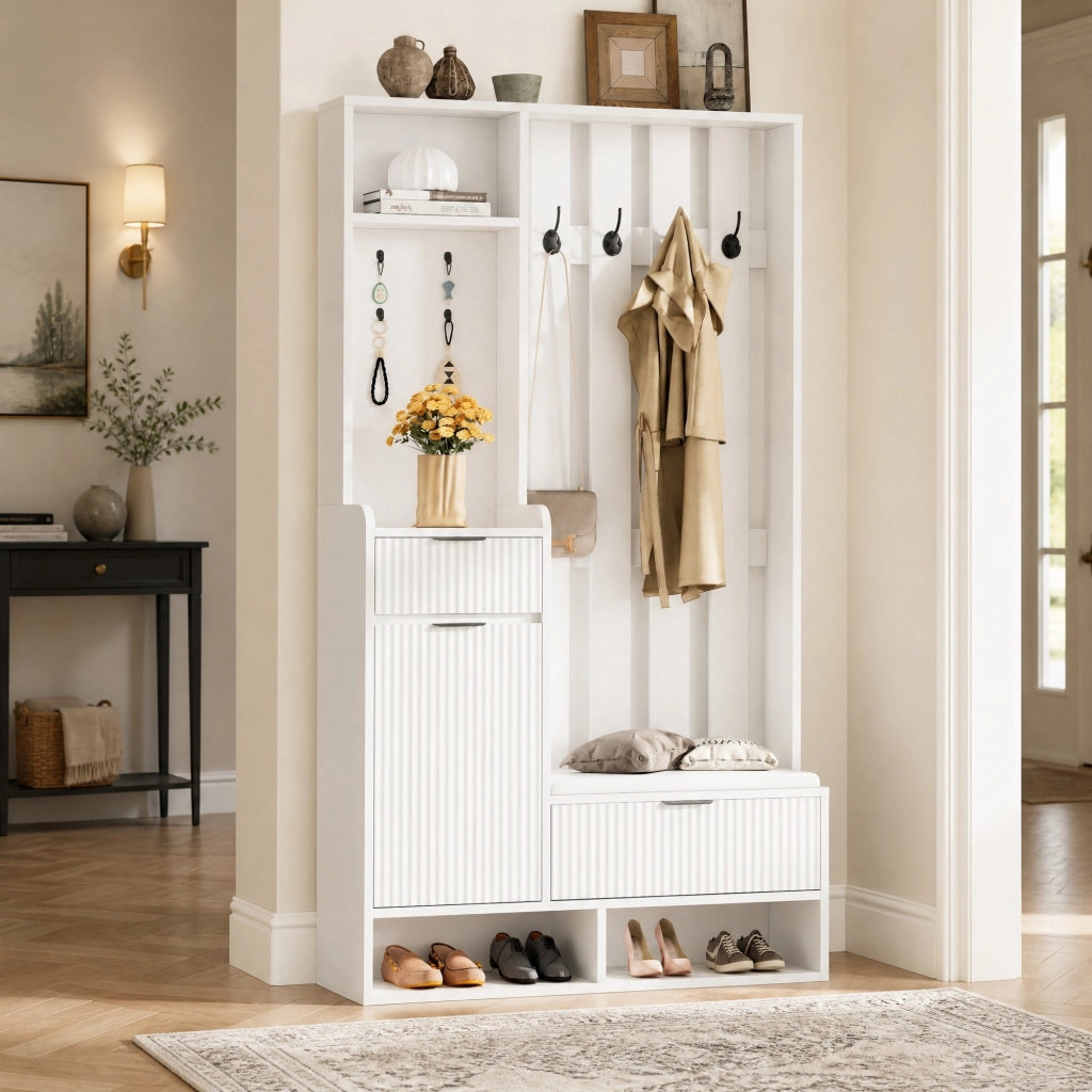 Guardaroba da ingresso 6 in 1 100 x 30 x 180 cm con 8 ganci; cassetti e panca; bianco