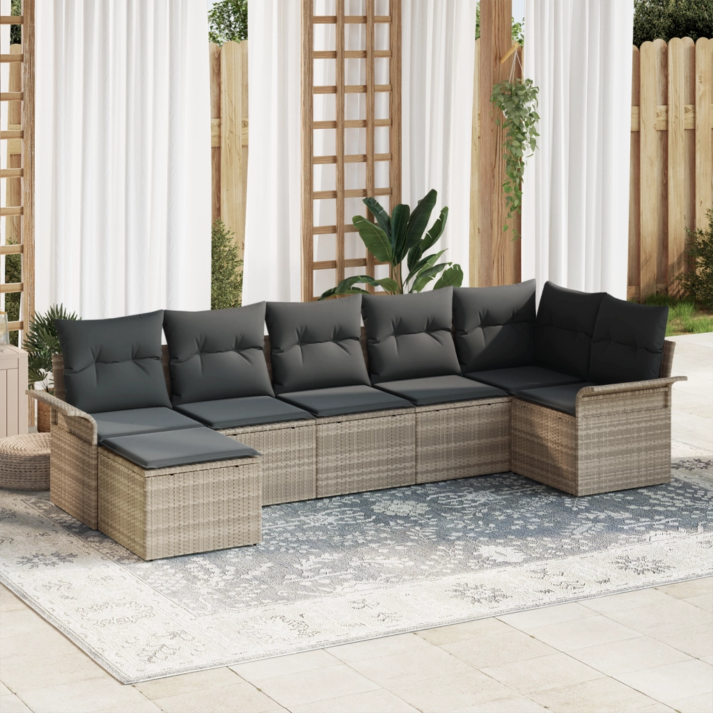 Set di Divani da Giardino 7 Pezzi con Cuscini Grigio Chiaro in Rattan Poliestere
