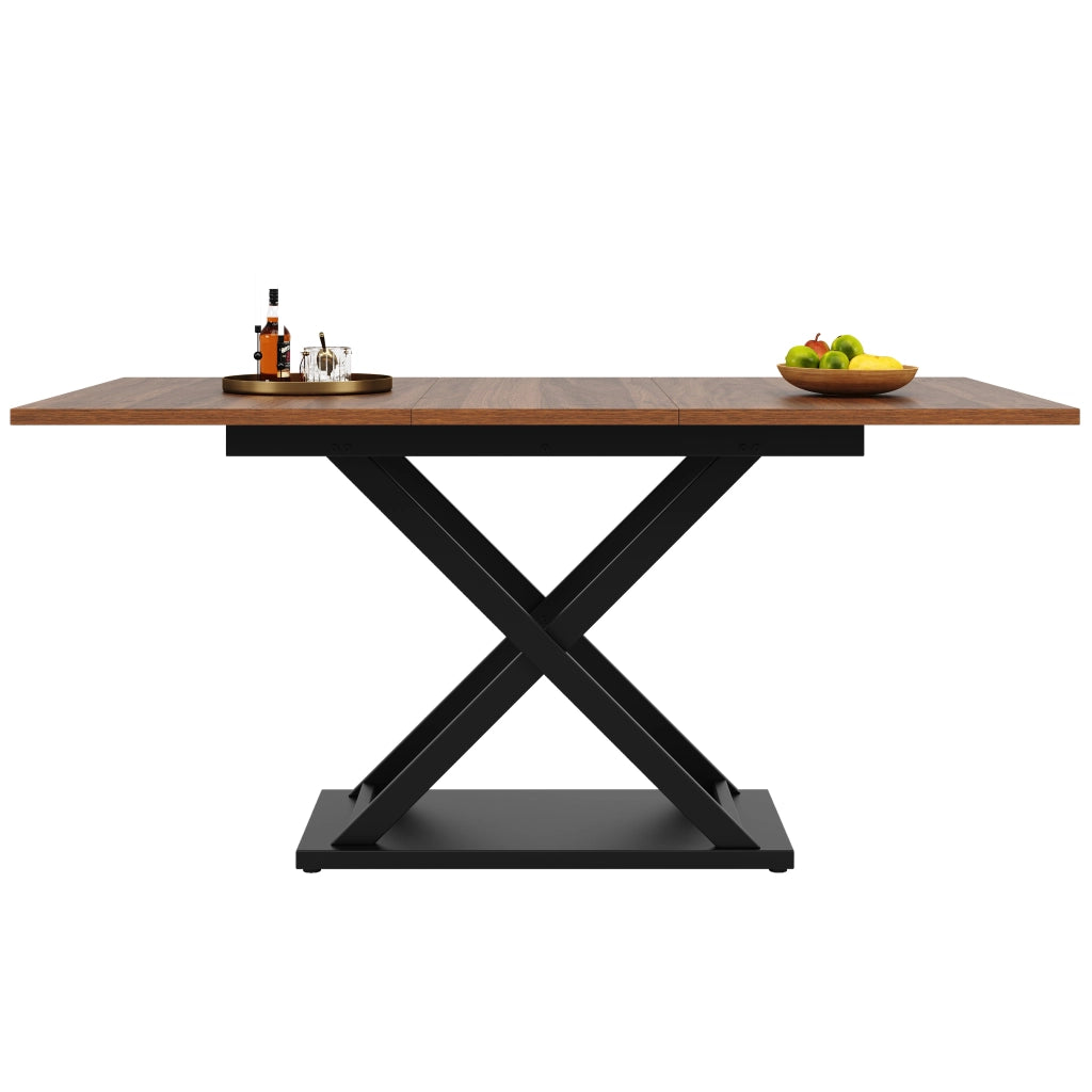 Tavolo allungabile con piano in MDF e gambe in metallo a croce, noce e nero, per cucina e soggiorno, 120 × 80 × 75 cm