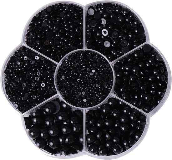 Decorazioni per unghie e artigianato - semi-circolari in perle artificiali - 5600 pezzi, 7 misure, finitura satinata, dorso piatto, materiale in pietra artificiale - nero