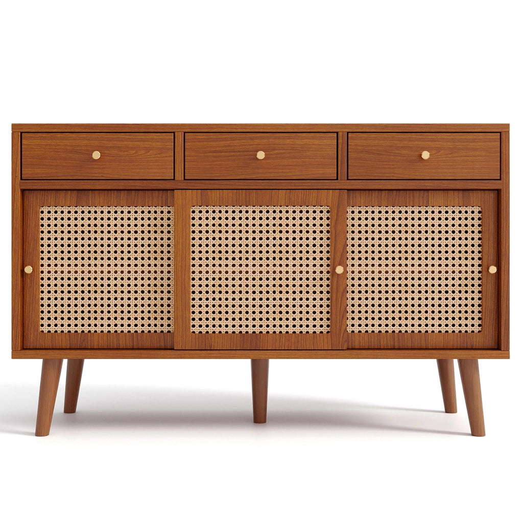 Credenza con Cassetti e Ante Scorrevoli in Rattan ¨C MINIMAL ¨C Noce, Metallo Dorato, 120x40x78