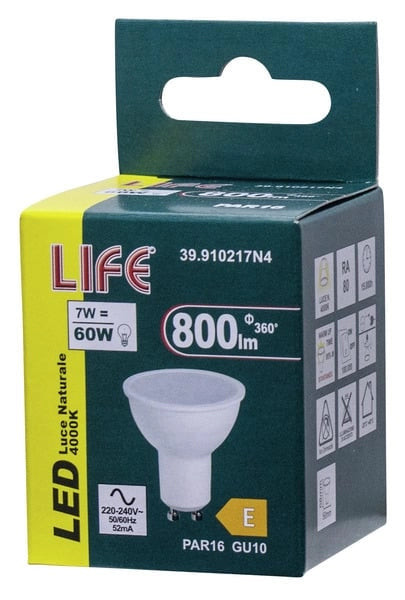 LAMPADA dicroica LED PAR16 GU10 LIFE ELECTRONICS 175-250V 7W 800lm 4000K