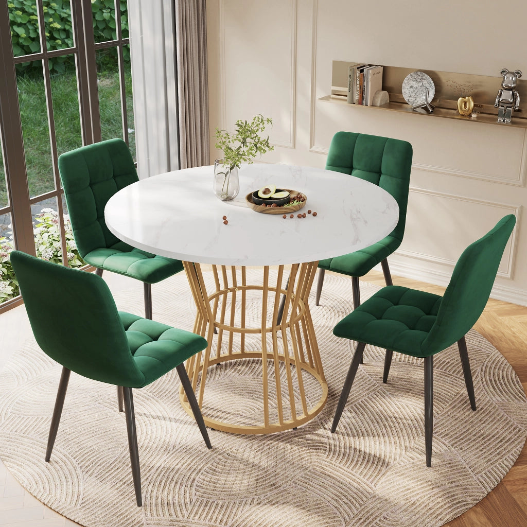 Tavolo da pranzo rotondo con 4 sedie set 5 pezzi, piano effetto marmo, base in metallo, per cucina e sala da pranzo