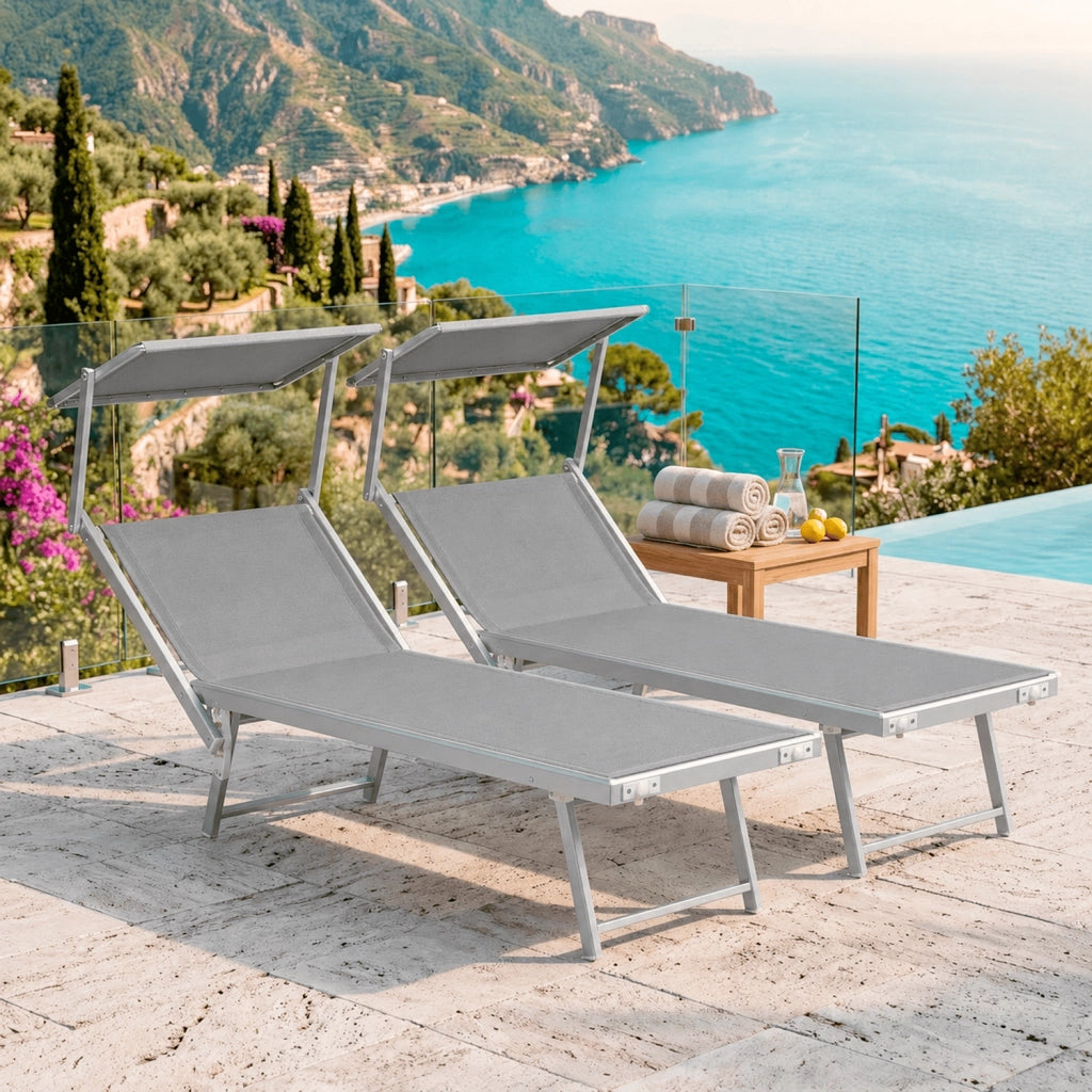 Coppia Di Lettini Grigio Prendisole Pieghevole Professionale In Alluminio Tettuccio Orientabile Tettino Parasole Sdraio Lettino Prendi Sole Mare Spiaggia Piscina Giardino 182 x 60 x 38 cm