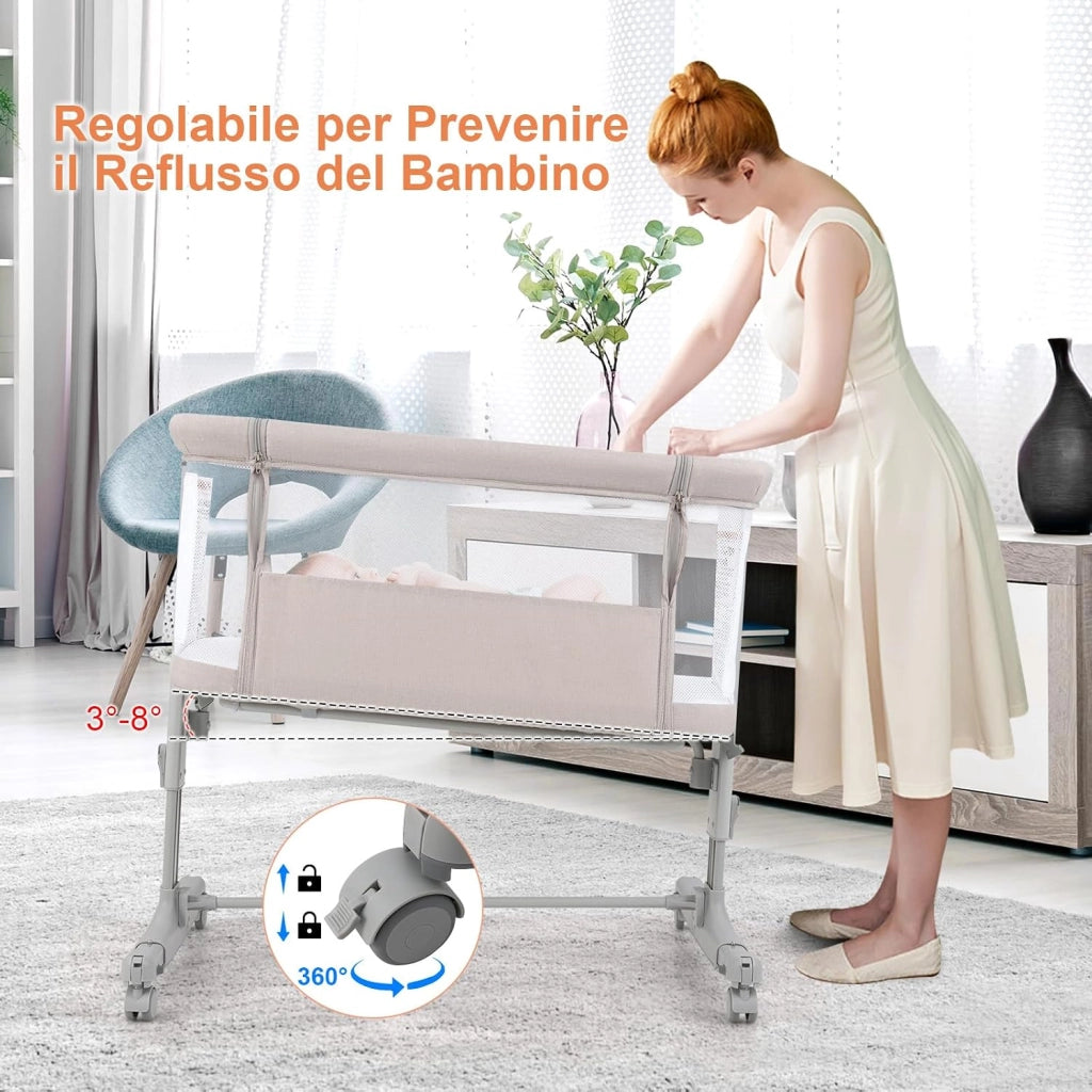 3 in 1 Culla Neonato Fianco Letto, Lettino Neonato Dondolo con Materasso, Culla Co-Sleeping Fino a 9 kg, Altezza Regolabili, 84 x 59,5 x 80,5cm (Beige)