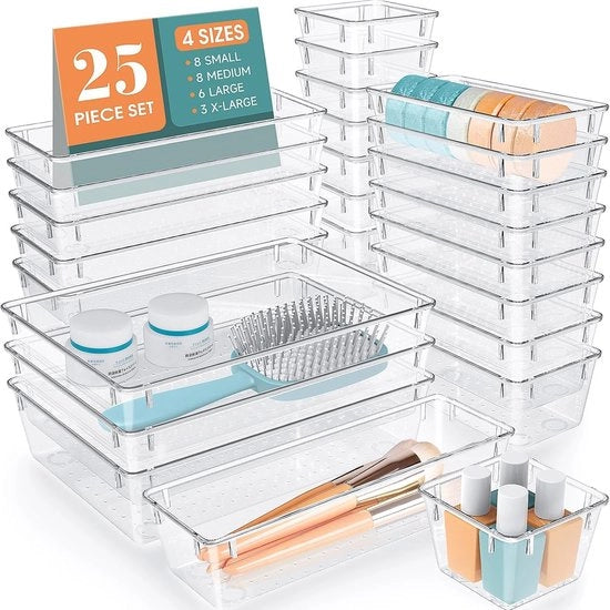 Set di 25 organizzatori per cassetta in plastica trasparente, 4 misure, ripartitori di cassetta e scatole di conservazione per trucco, gioielli, accessori per la cucina, camera da letto, bagno.