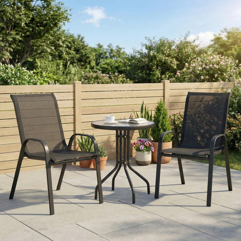 Set giardino 3 pezzi ¨C zephmum ¨C 2 poltrone impilabili, tavolino vetro temperato nero