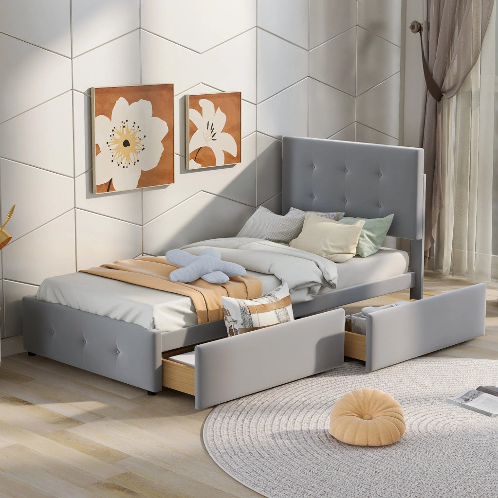 Letto imbottito classico con cassetto e rete a doghe