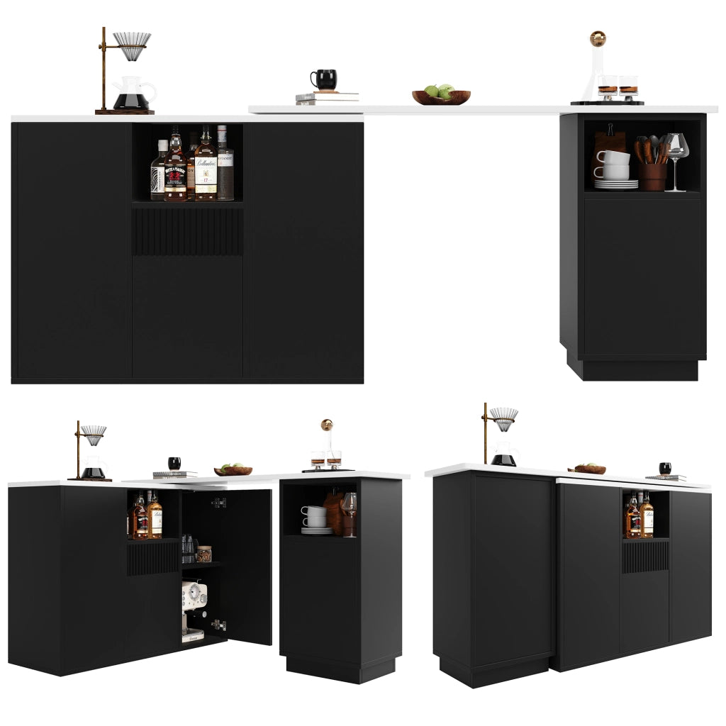 Mobile bar girevole a 360° con struttura a L e lineare piano effetto marmo vani aperti e chiusi in MDF nero