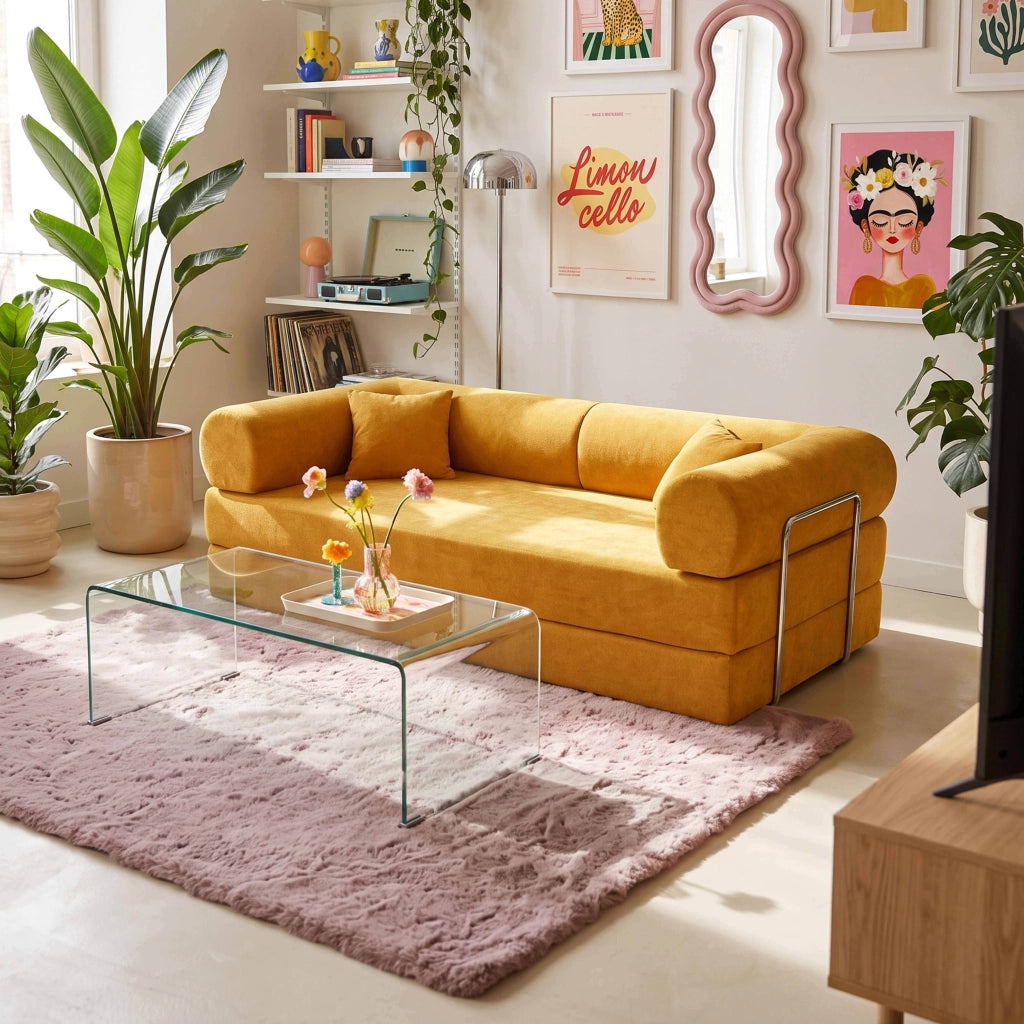 Oviala - Divano letto 2 posti in tessuto con cuscini modulari giallo L 204 cm