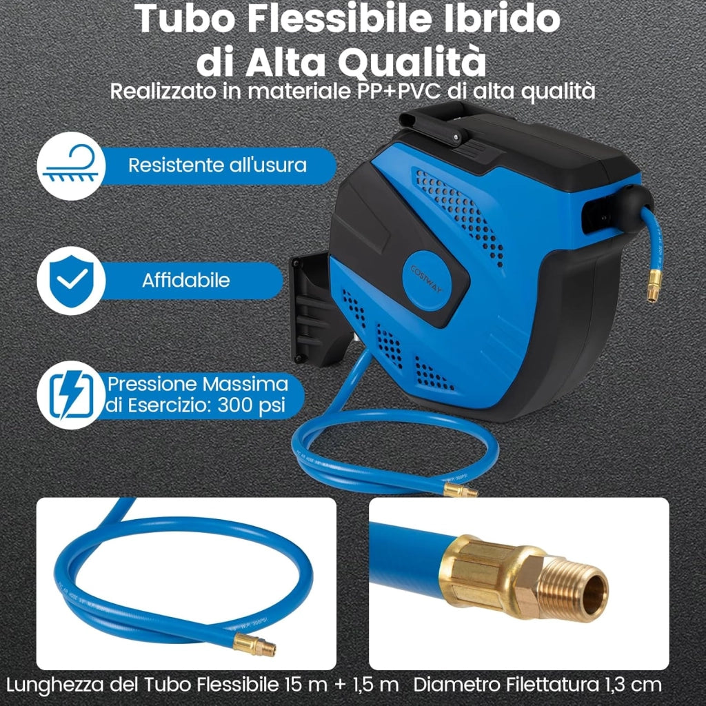 Avvolgitubo Aria Compressa da Parete, Tubo Aria Ibrido da 15 M con Tubo di Alimentazione da 1,5 M, Supporto Girevole a 180°, Avvolgitubo Automatico Retrattile per Garage e Officina