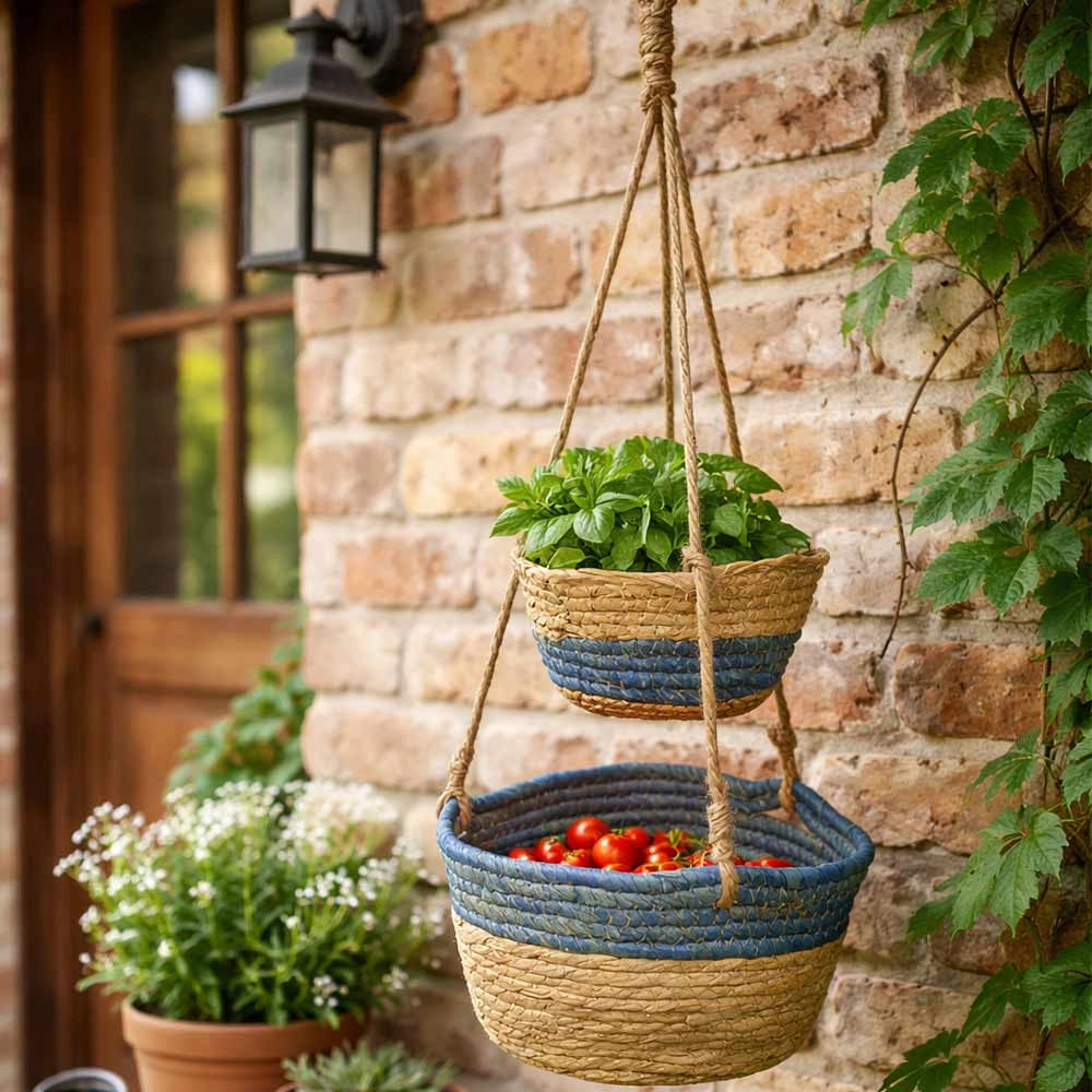 Caspo Pensili Doppi in Corda di Cotone Blu Porta Piante Sospeso h72 cm