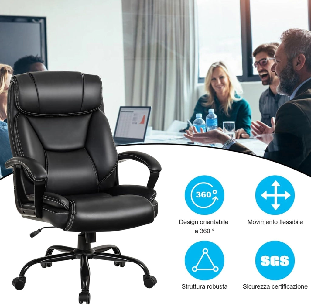 Poltrona da Ufficio Ergonomica Girevole, Sedia per Ufficio Regolabile con Poggiatesta Supporto Lombare e Braccioli, in Spugna Imbottita, Nera