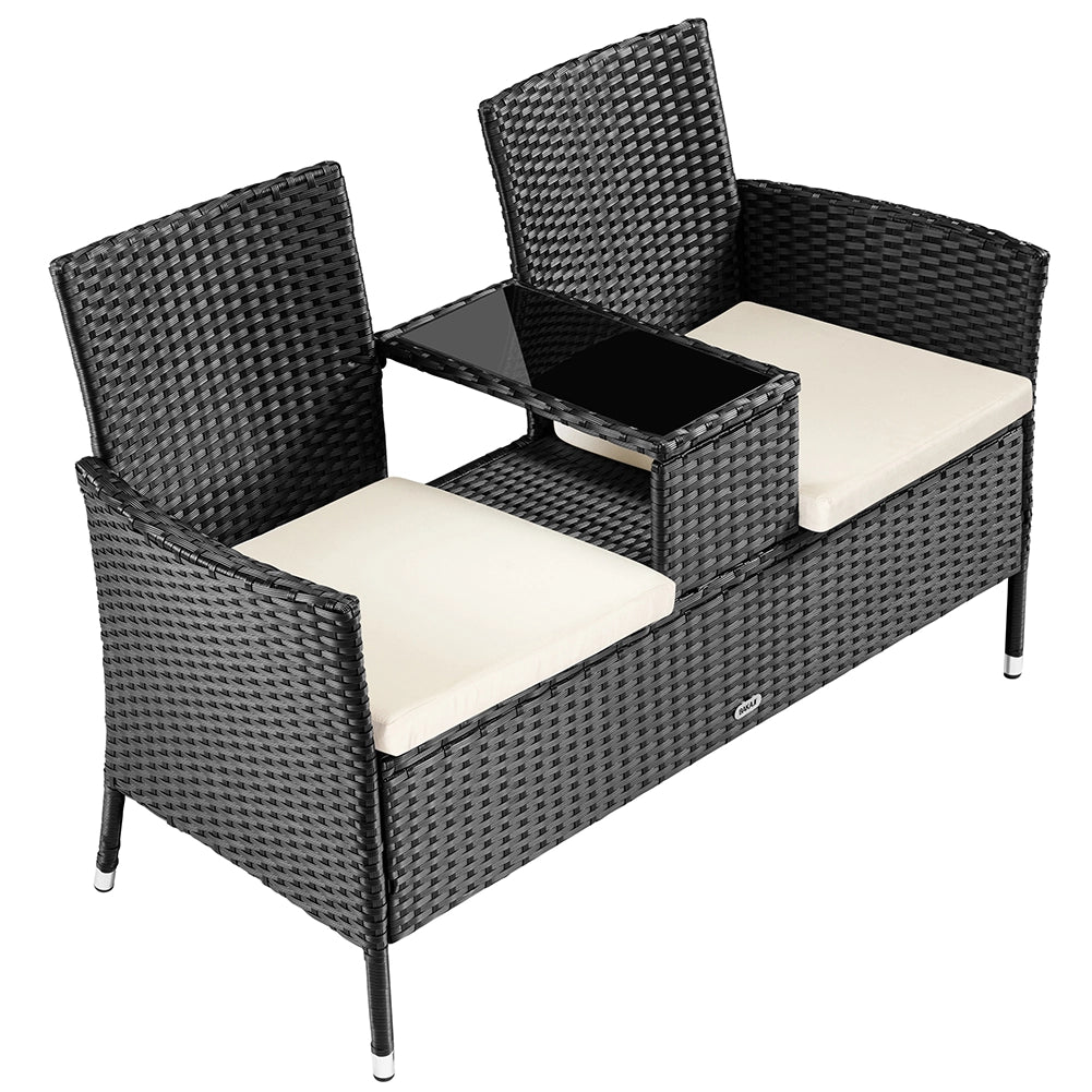 Divano da Giardino 2 Sedute Divise da Tavolino con Ripiano Vetro in Polyrattan Nero