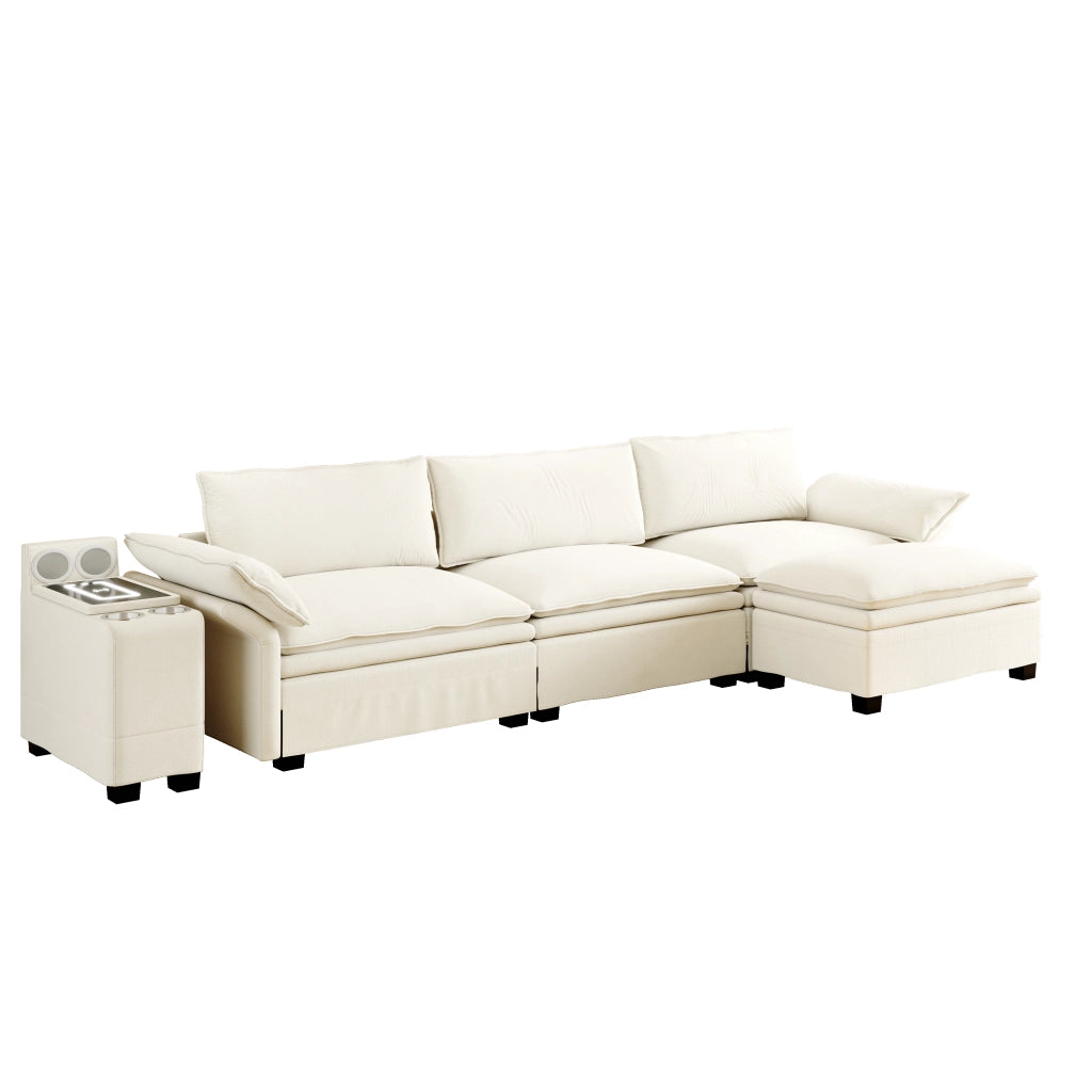 Divano Angolare Modulare con Contenitore, Luce e Speaker ¨C MINIMAL ¨C Chenille Beige/Bianco 315cm