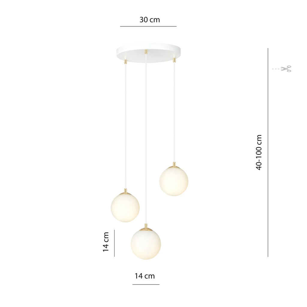 Sospensione Contemporanea Nuada 3 Luci In Acciaio Bianco Sfera Vetro Bianco