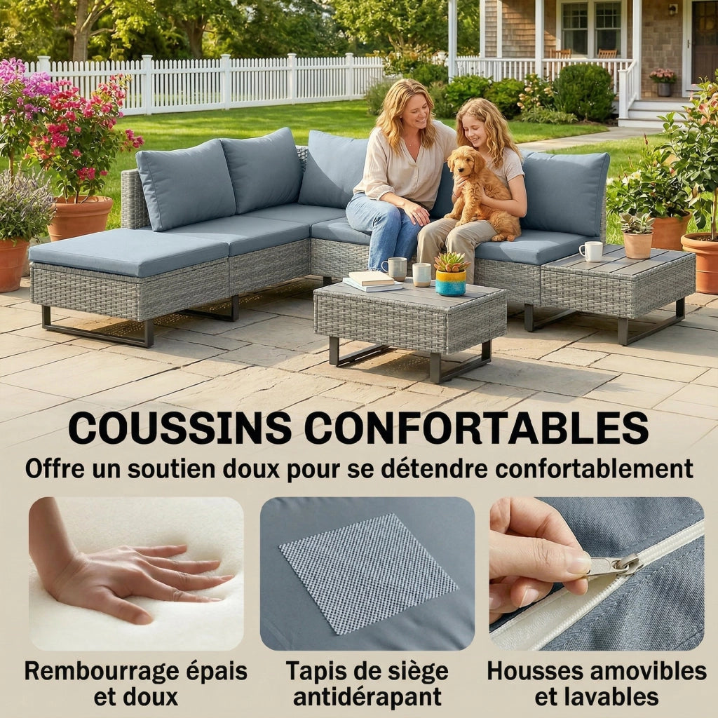 Set da giardino angolare in polyrattan 5 posti con divano letto e tavolo ¨C zephmum ¨C grigio