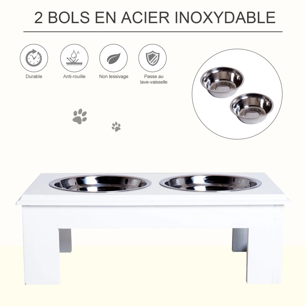 Mangiatoia per Cani e Gatti ¨C zephmum ¨C Legno Bianco 44x24x15 cm con 2 Ciotole in Acciaio Inox