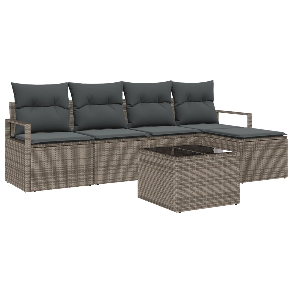 Set di divani da giardino a 5 pezzi con cuscini in polirattan nero