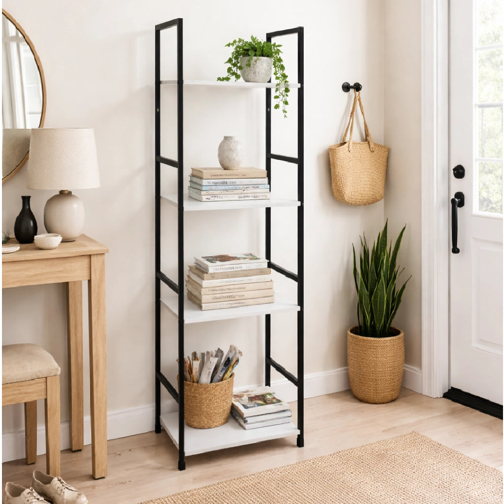Mobile Scaffale Industrial 4 Ripiani Metallo Nero Legno Mdf Bianco 29x24 H112cm