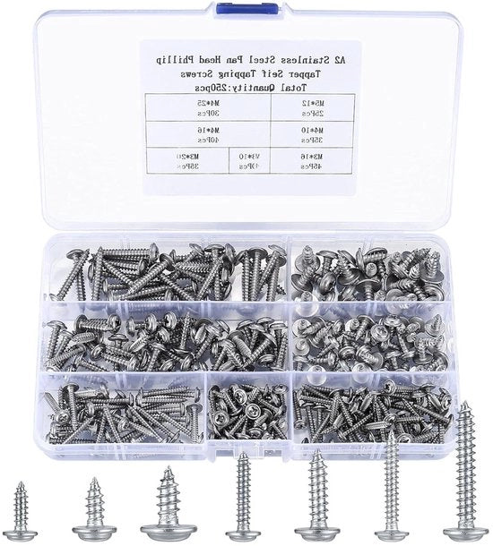 Set di viti autoalimentanti 250 pezzi viti in legno in acciaio inox - M3/M4/M5 - Per fai da te e bricolage.