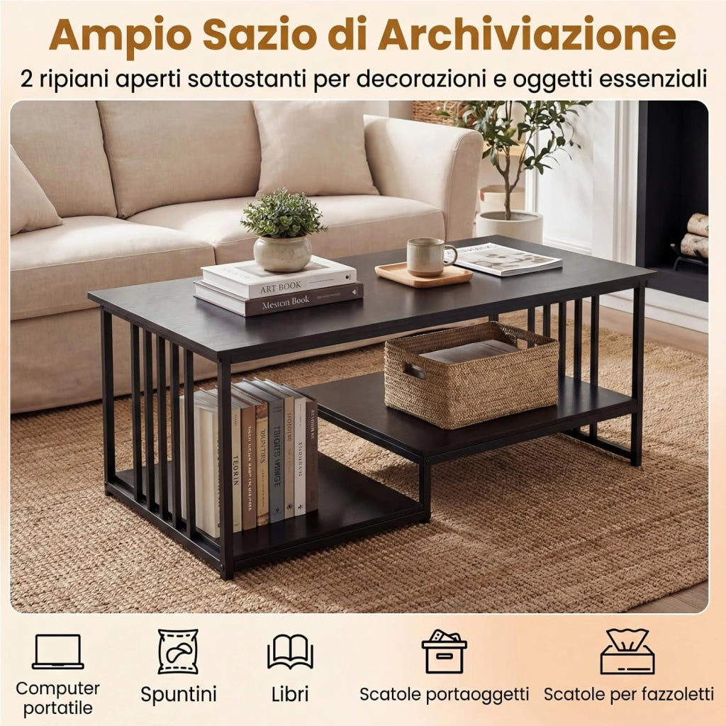 Tavolino da Caffè Rettangolare con 2 Ripiani Portaoggetti e Struttura in Metallo Resistente, Tavolo dallo Stile Moderno, Tavolino Cocktail per Soggiorno e Lounge, 110 x 60 x 45 cm (Nero)
