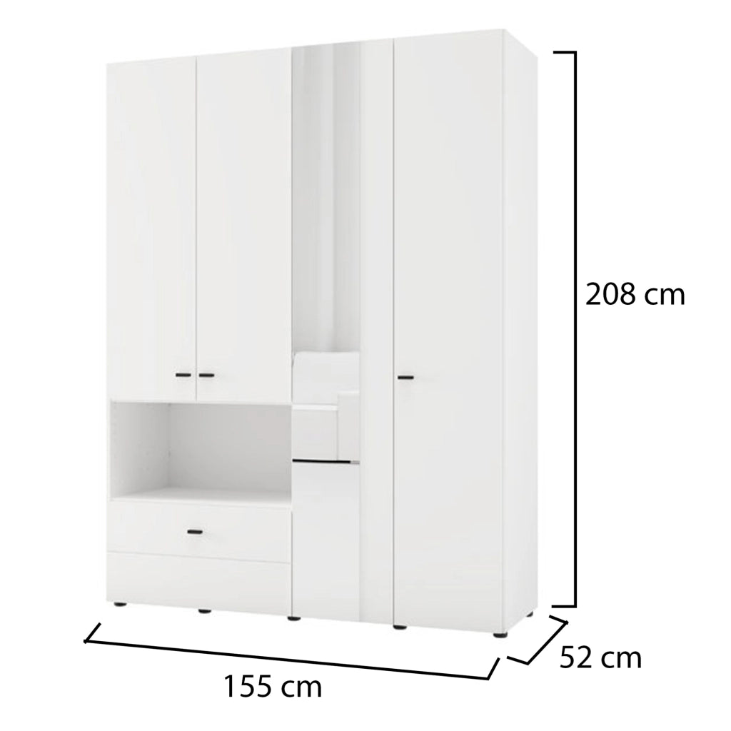 Armadio Camera da Letto Omete, Guardaroba Grande 4 Ripiani, 155x208h cm Bianco Opaco