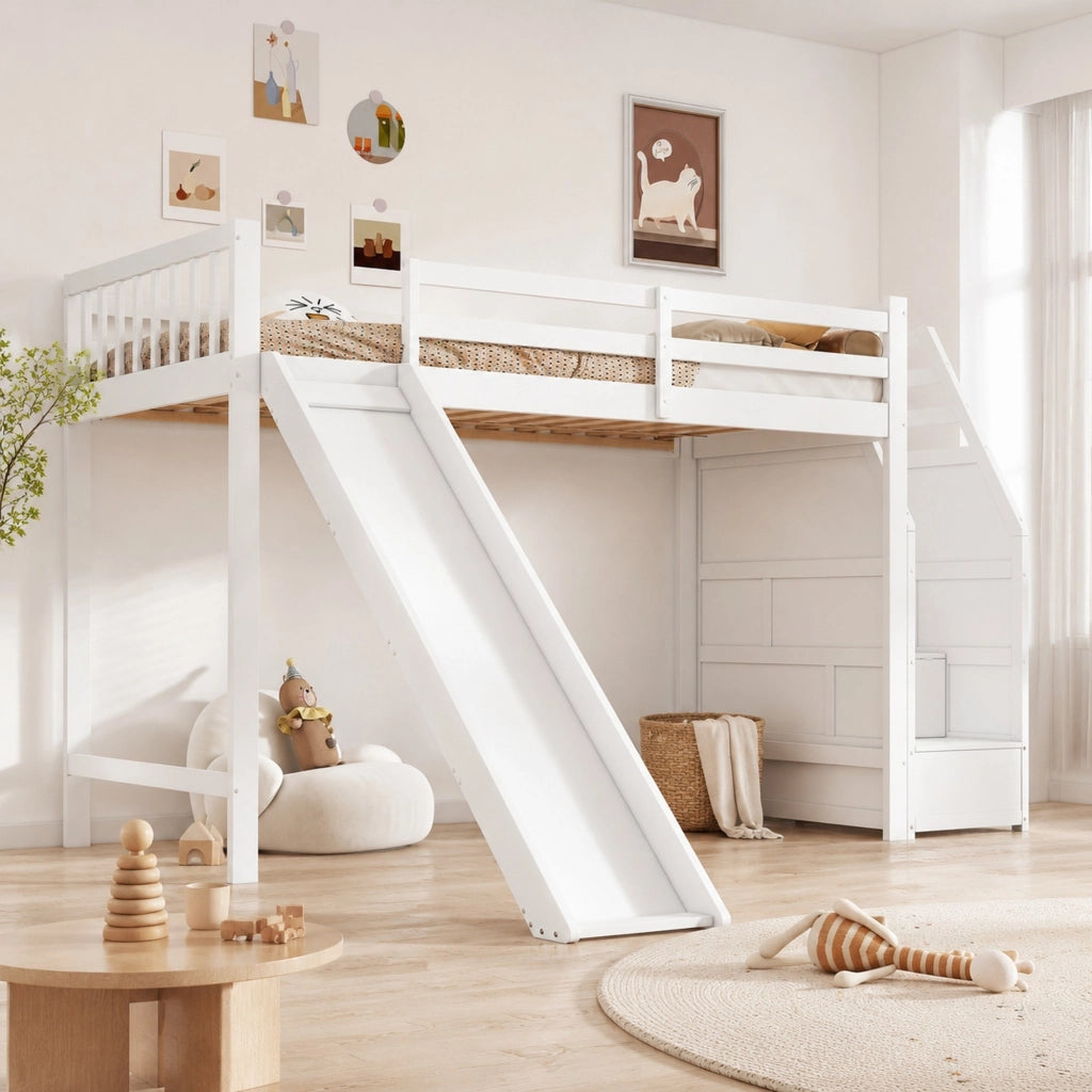 Letto a soppalco per bambini 90x200 cm con scivolo bianco