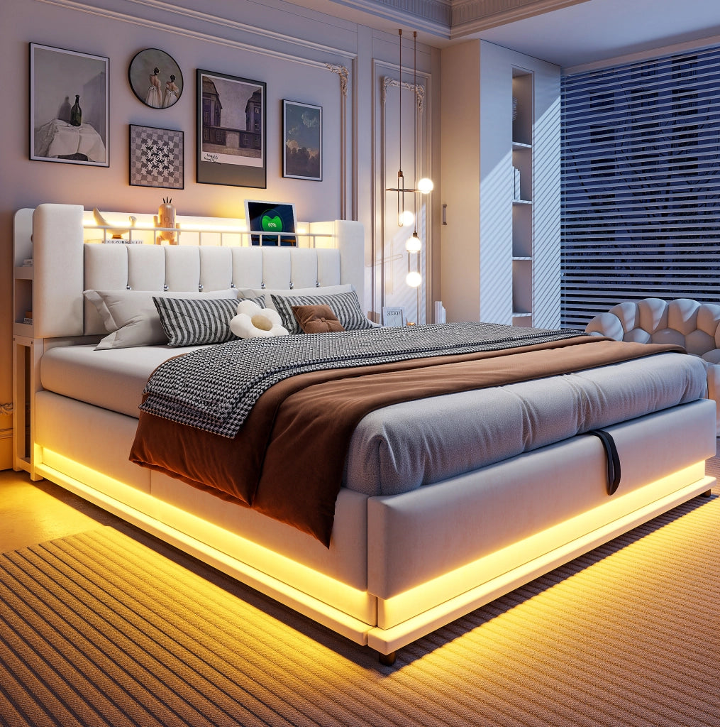 Letto imbottito 180x200 cm con LED, USB e contenitore idraulico beige