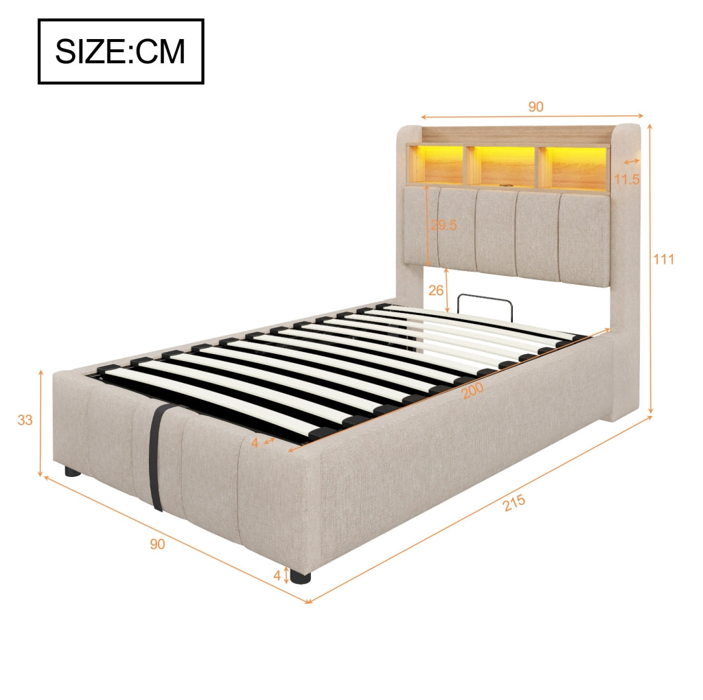 Letto imbottito 90x200 cm in tessuto effetto lino beige con LED; USB-C e contenitore idraulico