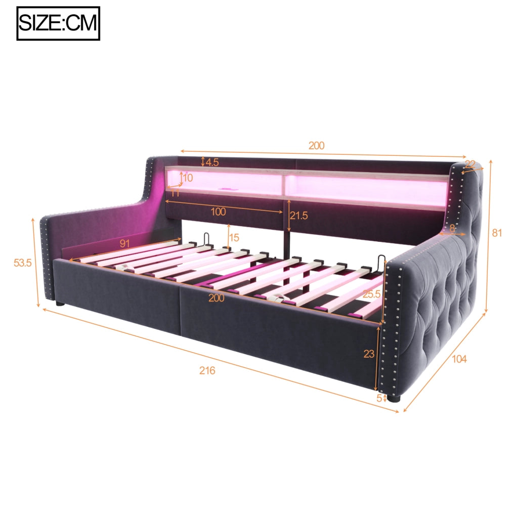 Divano letto imbottito 90x200 cm con contenitore; LED; mensola; presa USB e Type-C; velluto grigio