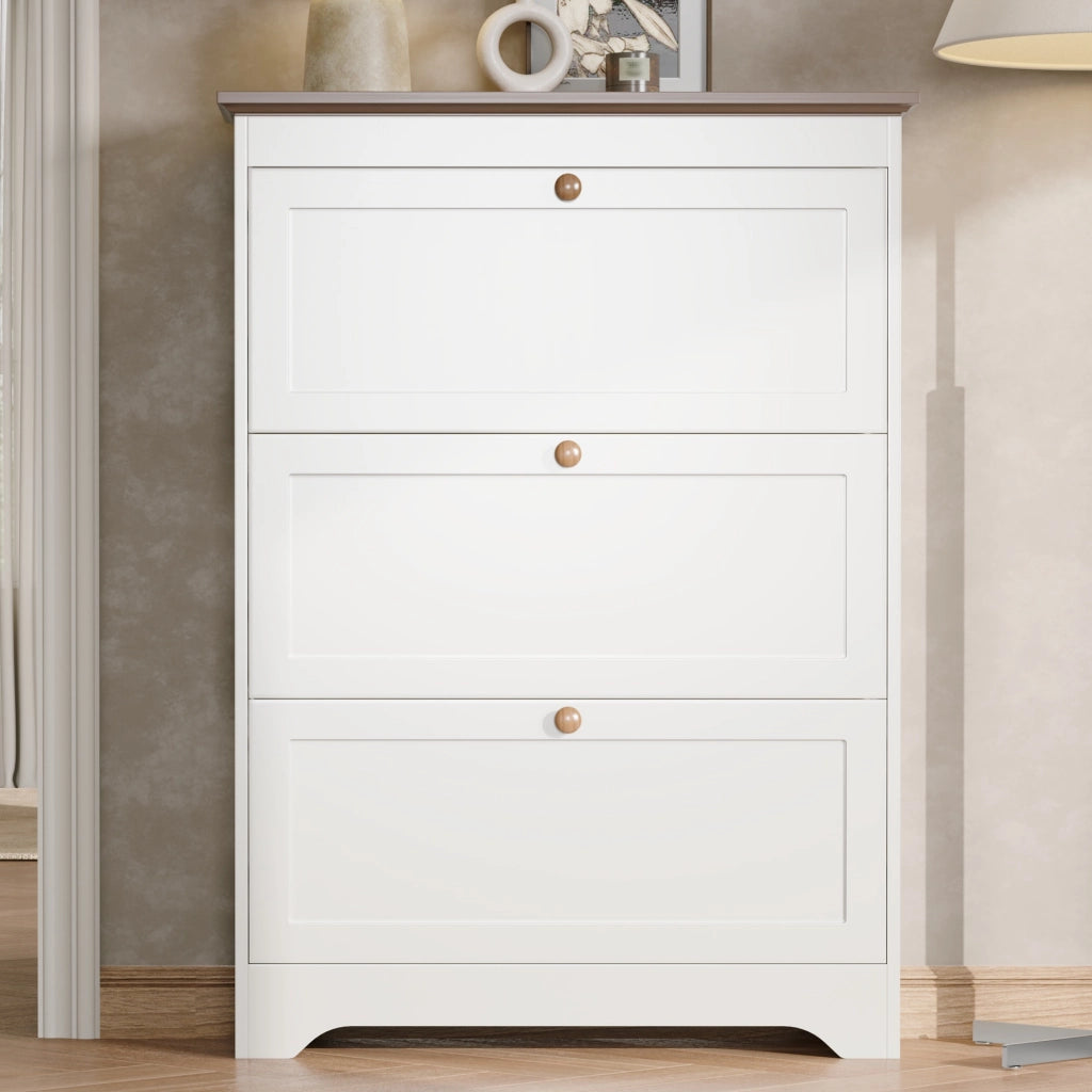Mobile Scarpiera con 3 Ante a Ribalta; Piano Marrone e Maniglie Rotonde; Stile Country; in MDF; Bianco; 87×26×120 cm