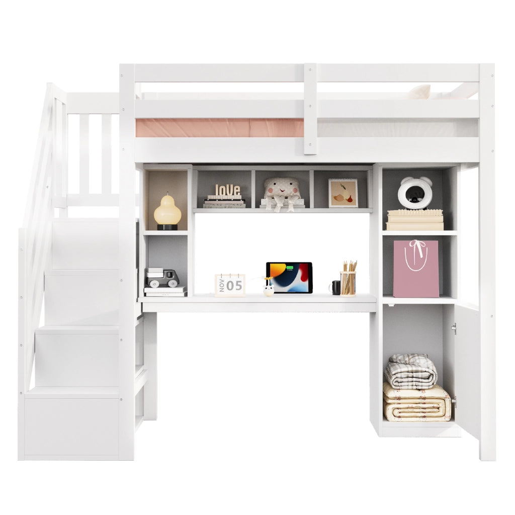 Letto a soppalco 90 × 200 cm con scrivania, scale contenitore, ripiani, LED e prese europee, senza materasso, bianco