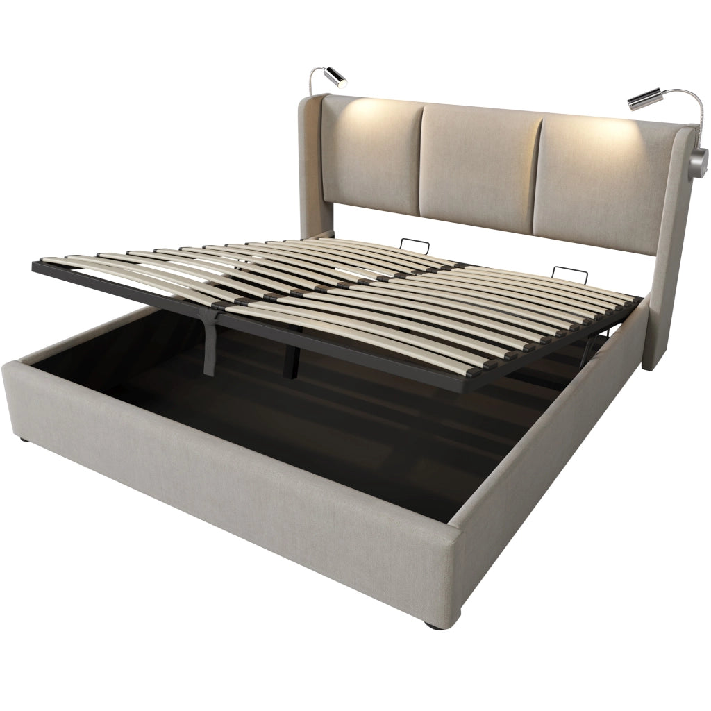 Letti contenitori 140x200 cm; contenitore con luce lettura e USB; lino beige (Senza materasso)