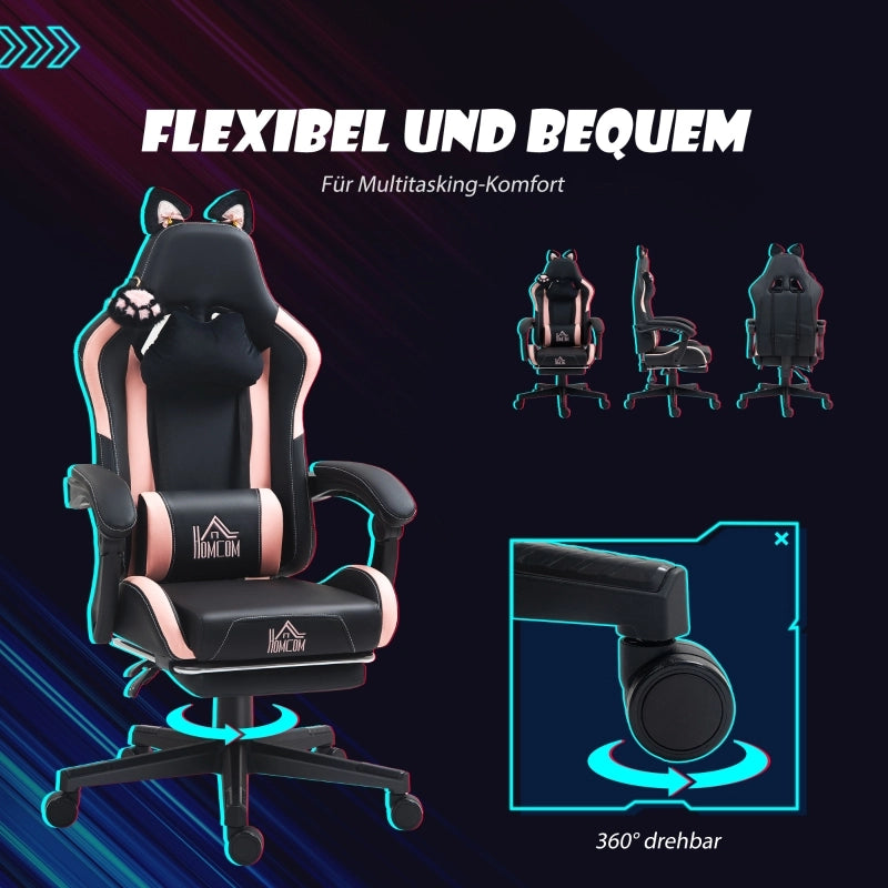 Sedia gaming con orecchie di gatto, schienale reclinabile, poggiapiedi estraibile e ruote in ecopelle nera