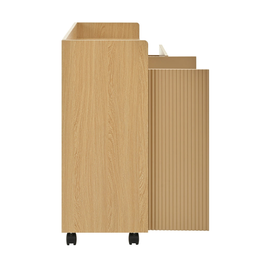 Scarpiera mobile in MDF naturale 110x35x86 cm con ruote frenanti e cassetti