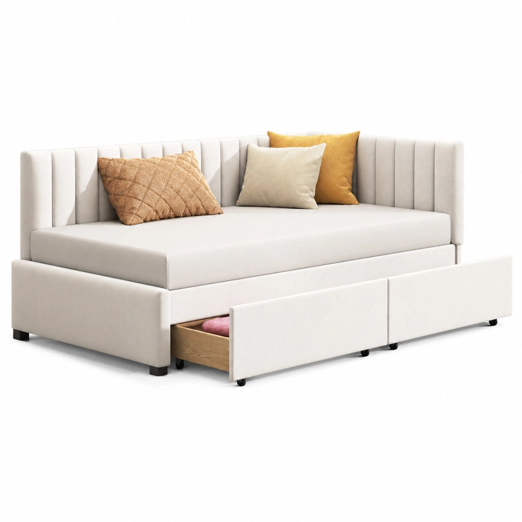 Letto imbottito 90x200 cm con 2 cassetti e rete a doghe beige