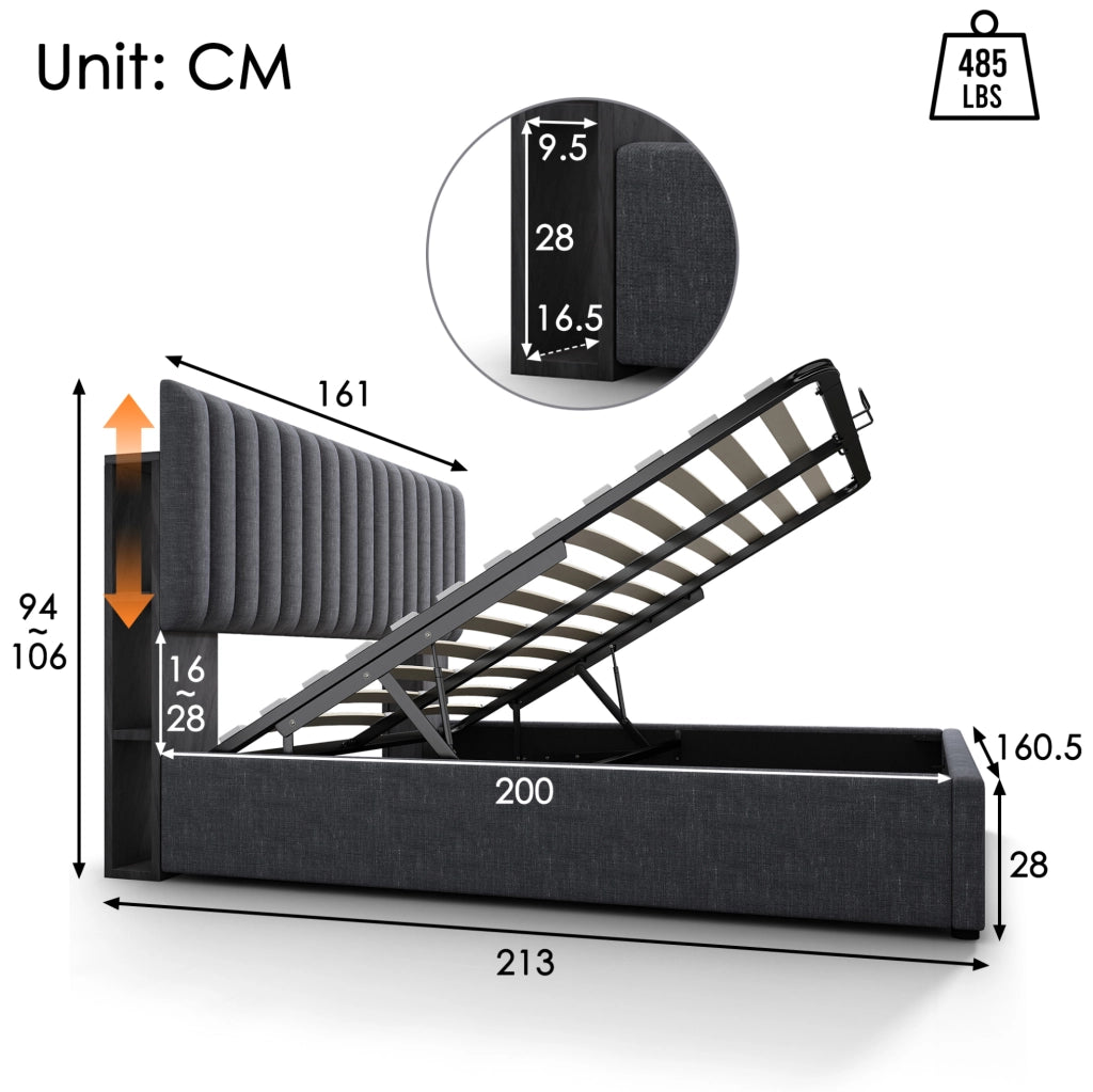 Letto imbottito ULEVR 160x200 cm con vano contenitore, LED controllabile da app, USB e Type-C, grigio