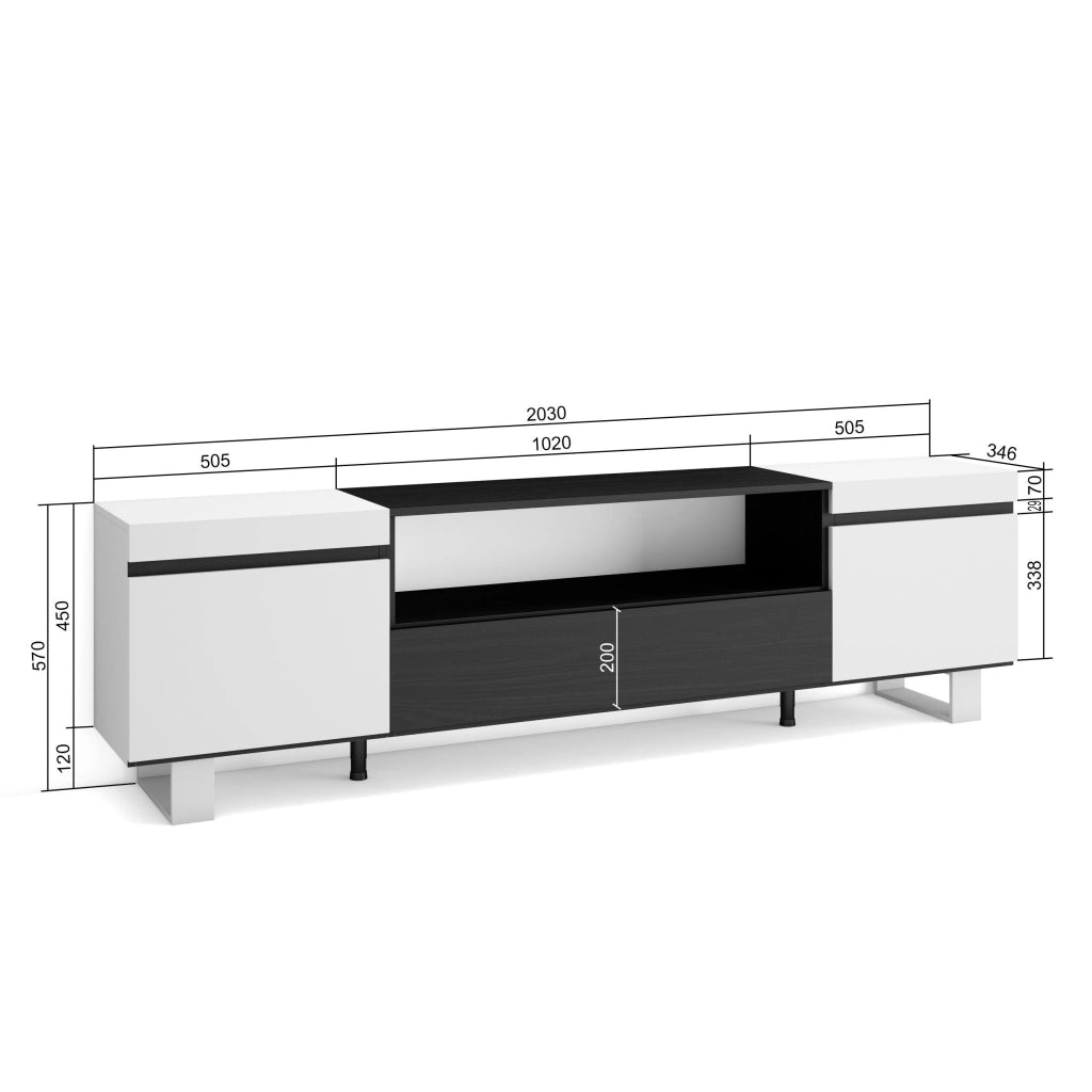 Mobile TV, 200x35x57cm, soggiorno, Per TV fino a 80", Design industriale, Bianco e nero RF2167
