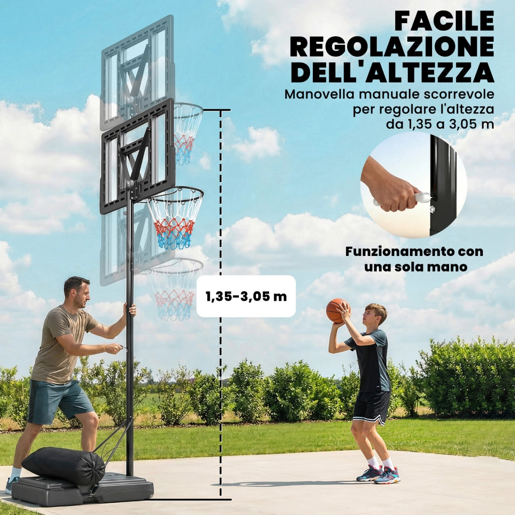 Canestro Basket con Altezza Regolabile 1,3-3 m, Base Riempibile e Ruote, Nero