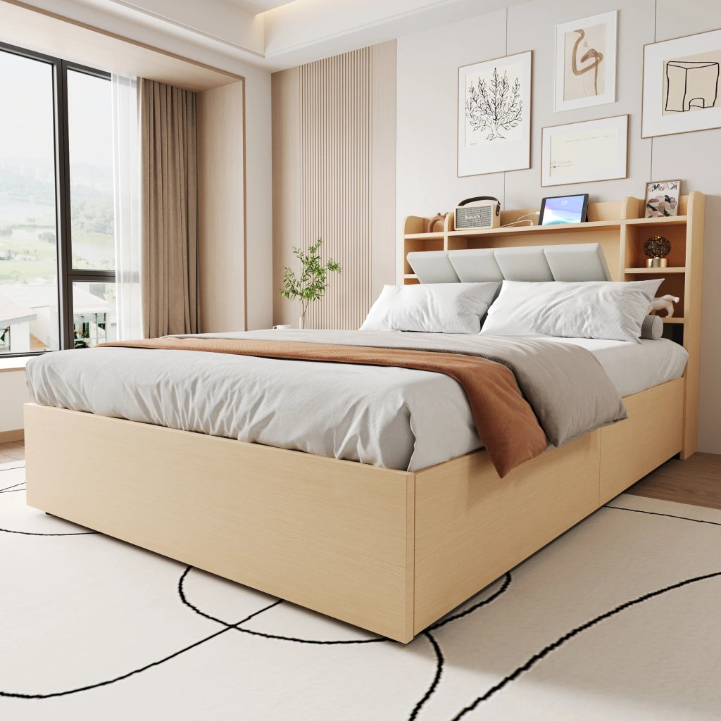 OKWISH Letto Contenitore 140×200 cm, Letto Matrimoniale con Contenitore Idraulico, USB, Tipo C e Vani, senza Materasso, MDF, Legno Naturale