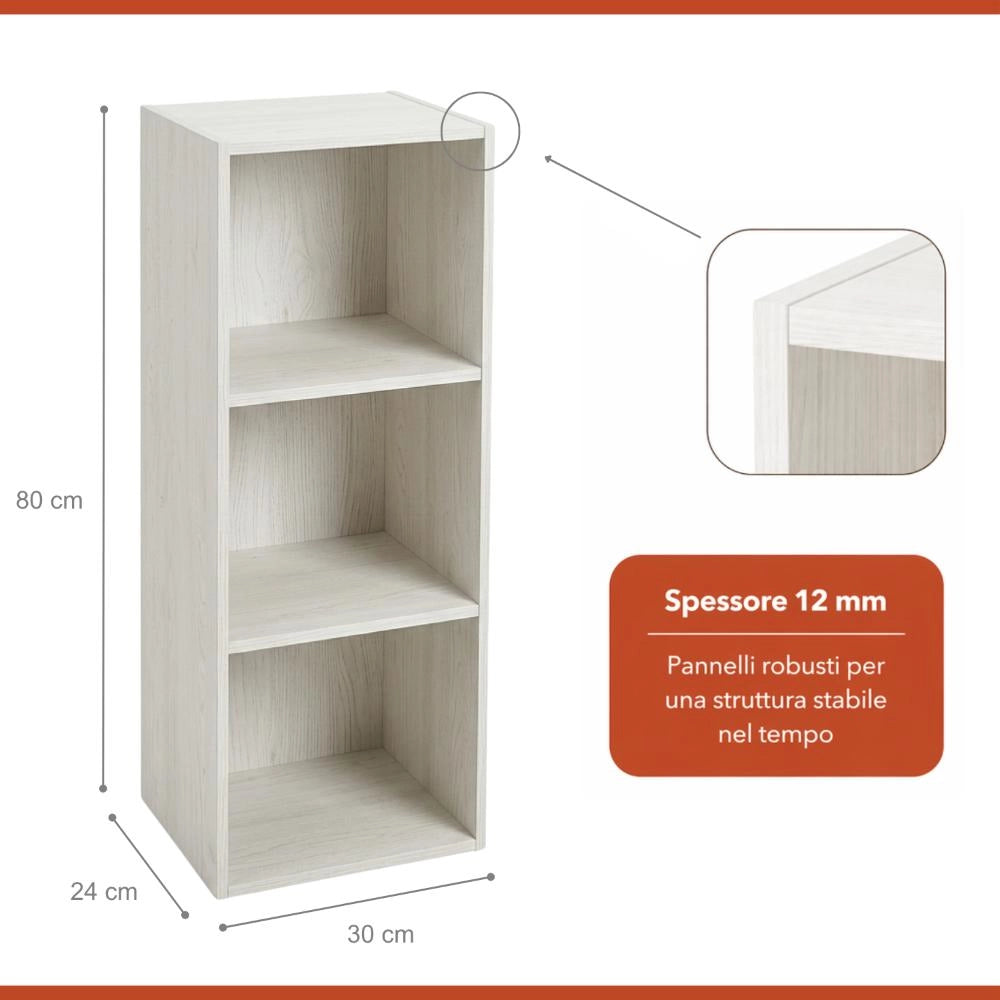 Libreria Scaffale Modulo Aperto 3 Ripiani Portaoggetti 30x24x80H cm Bianco LIB03