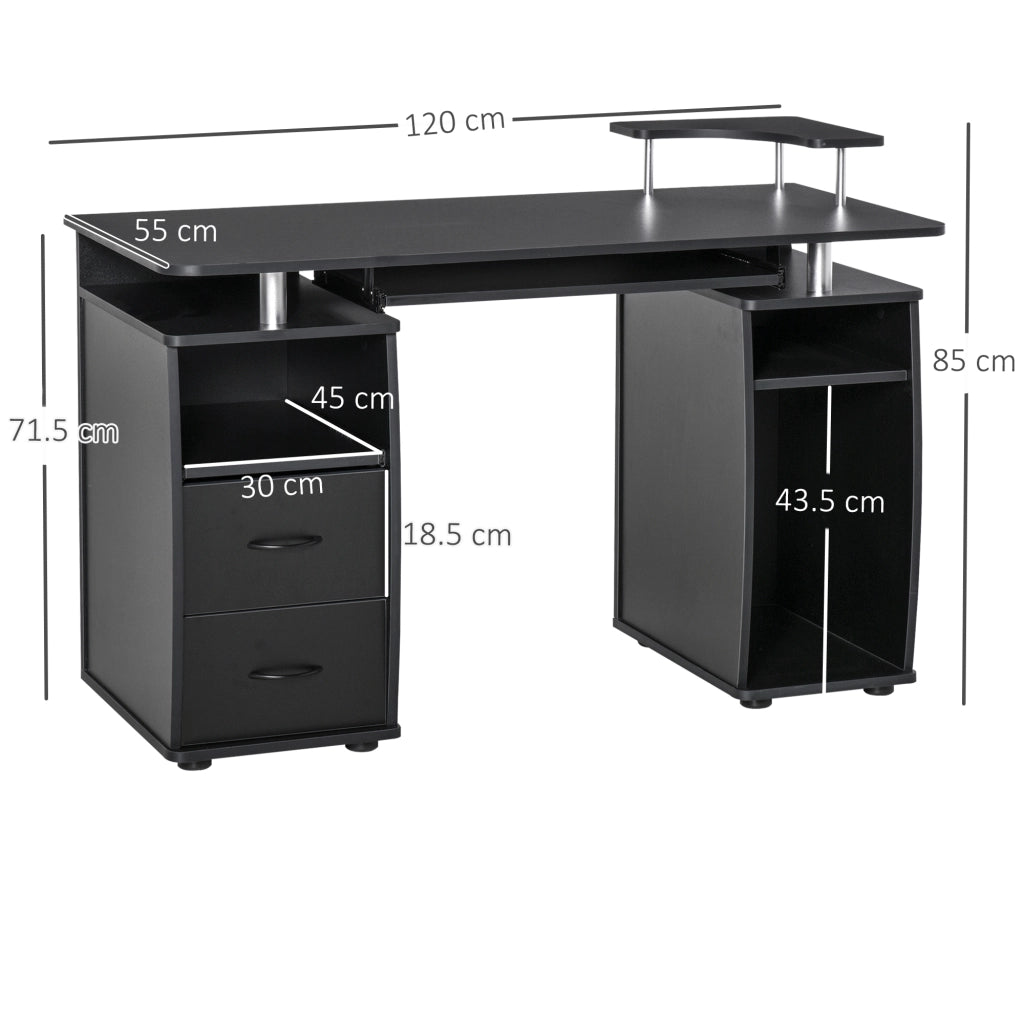 EasyComfort Scrivania per Computer Moderna Porta PC, Scrivania da Ufficio in Legno con Cassetti, Mensola Estraibile e Porta Tastiera, 120x55x85cm, Nero