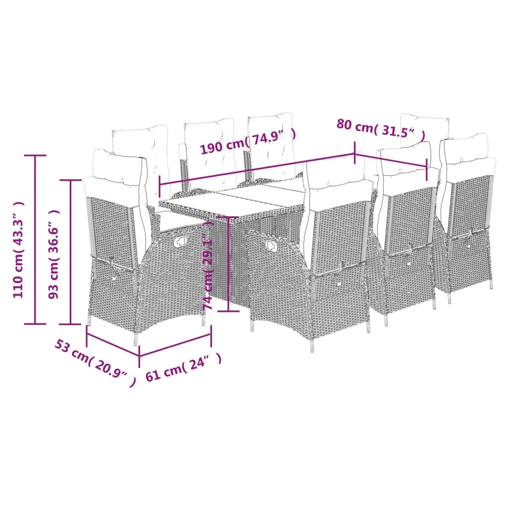 Set da Pranzo da Giardino 9 pz con Cuscini Beige in Polyrattan 3213125