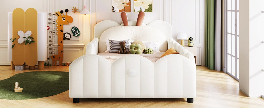 DESMIU Letto Bambini 1 Piazza con Sponde, Testiera Imbottita e Cuscino Coniglio 90 × 200 cm, Senza Materasso