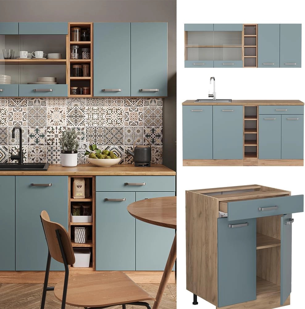 Cucina completa R-Line, Rovere blu-grigio/oro, 160 cm, PL Marmo, adatto per combinazioni ed espansioni personalizzate