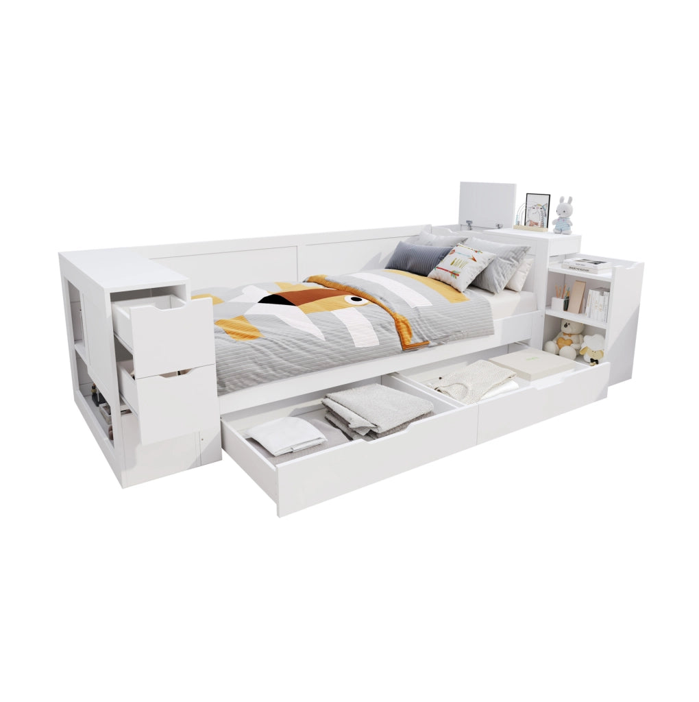 Letto singolo 90x200 cm bianco in MDF con cassetto e comodino