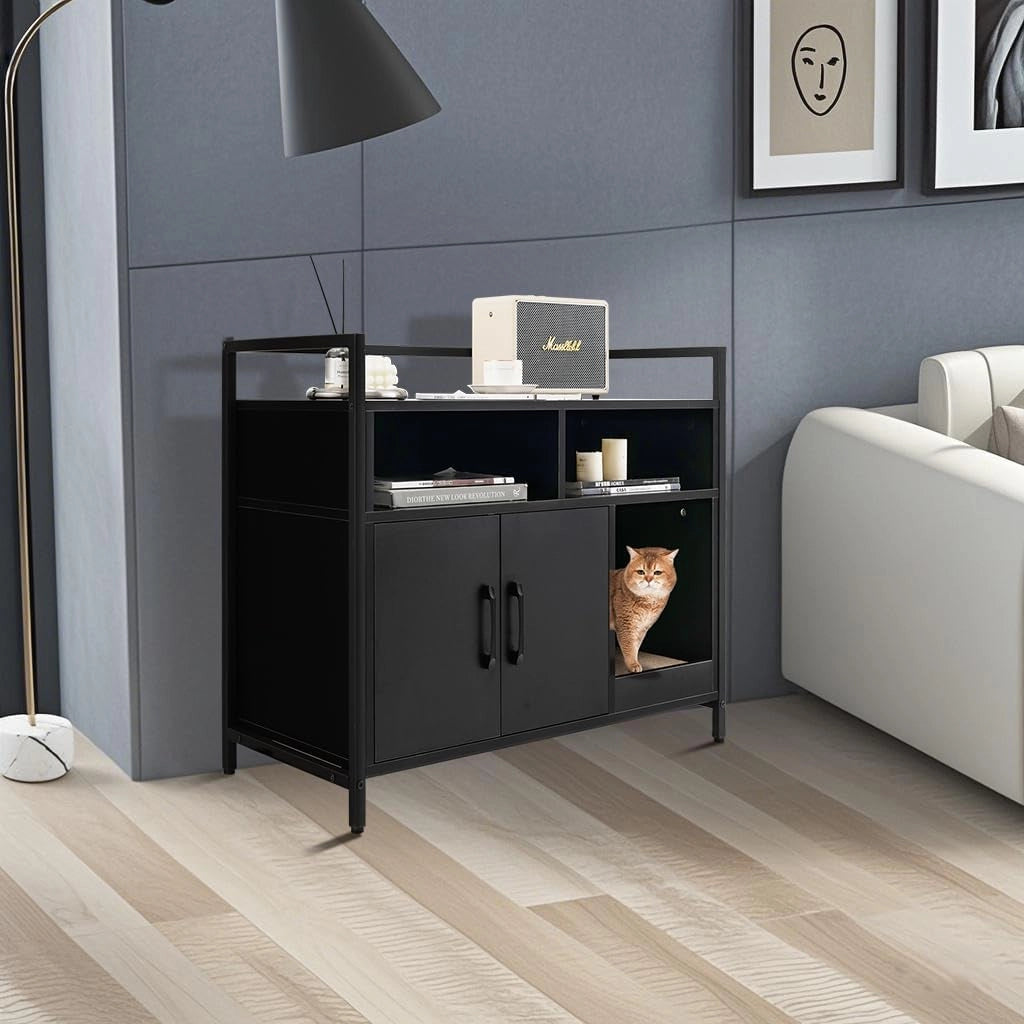 Mobile Lettiera per Gatti con 3 Ripiani Aperti e 2 Ante, Armadietto per Gatto in Legno, Grotta Rifugio con Grattatoio in Cartone Multiuso per Ingresso e Soggiorno (Nero, 89 x 45 x 74,5 cm)