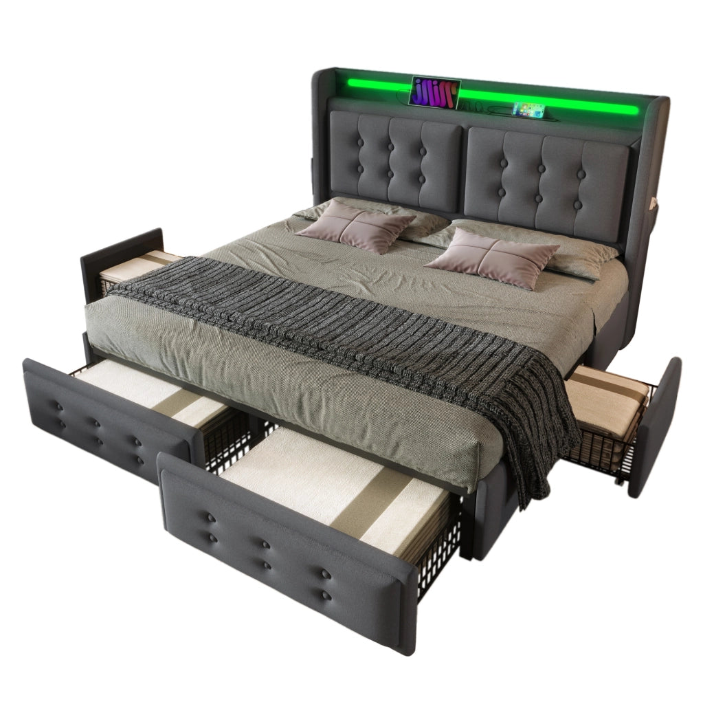 Letto matrimoniale 140x200 cm con LED; USB C e 4 cassetti; tessuto cotone e lino grigio