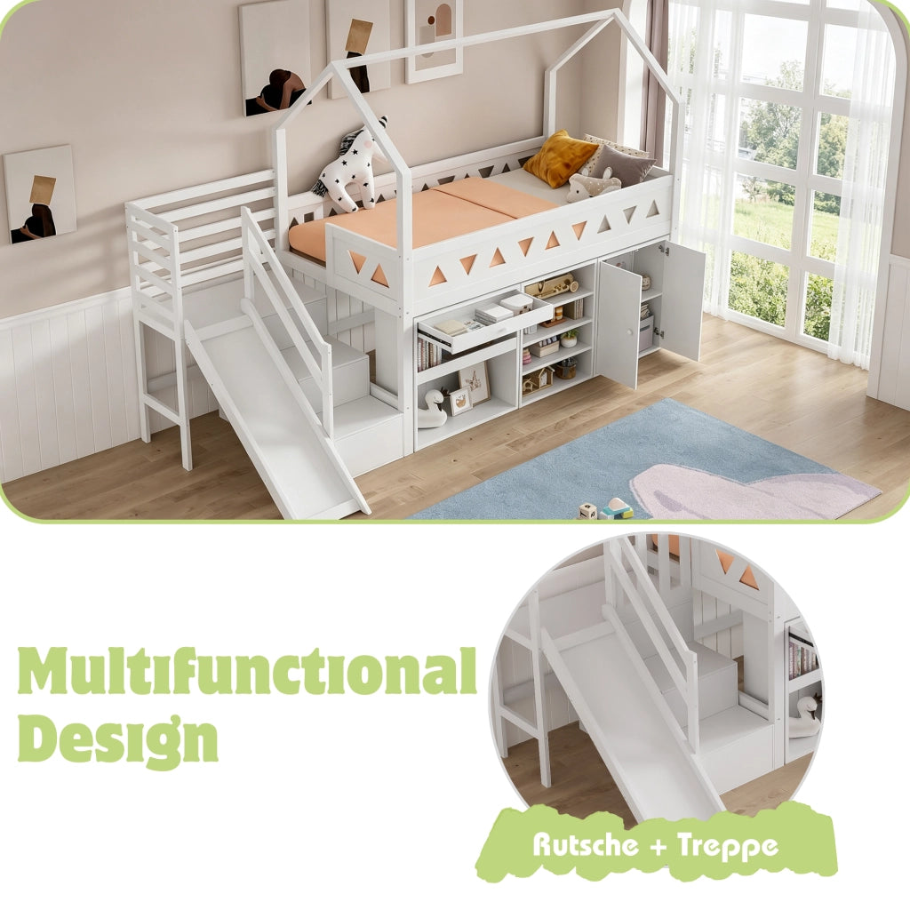 Letto per bambini 90 × 200 cm con scivolo e scala, 2 cassetti e armadietti, senza materasso, in legno massiccio bianco